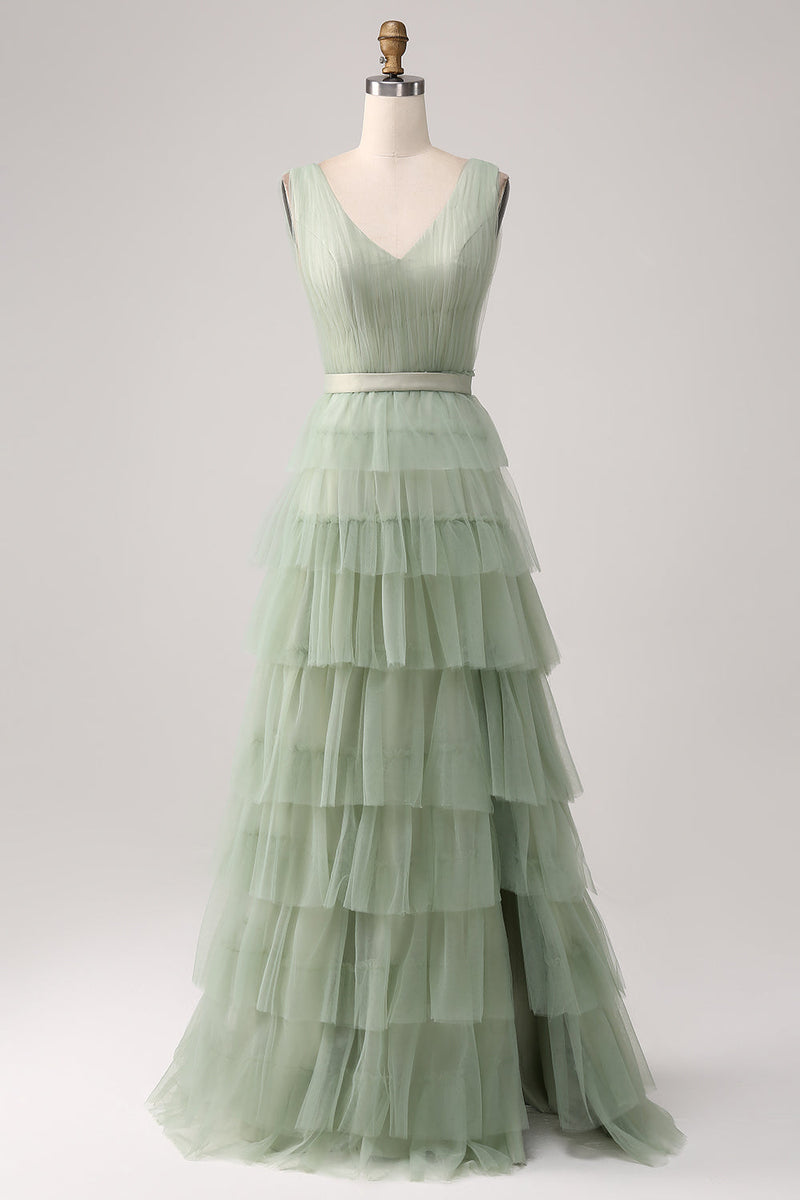 Load image into Gallery viewer, Plissert Tiered Green Prom Dress med Slit