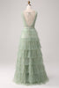 Load image into Gallery viewer, Plissert Tiered Green Prom Dress med Slit