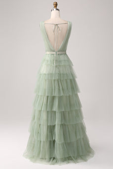 Plissert Tiered Green Prom Dress med Slit