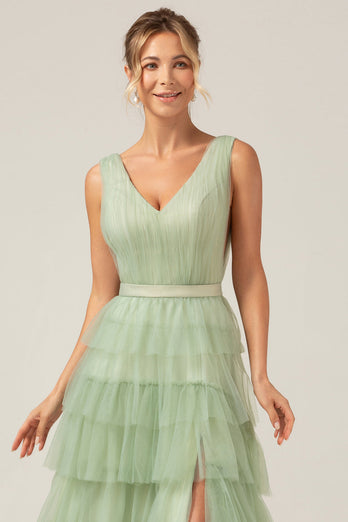 Grønn lagdelt A Line V-Neck Tylle Long Prom Dress med Slit