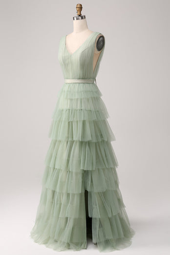 Plissert Tiered Green Prom Dress med Slit