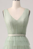 Plissert Tiered Green Prom Dress med Slit