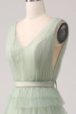 Plissert Tiered Green Prom Dress med Slit