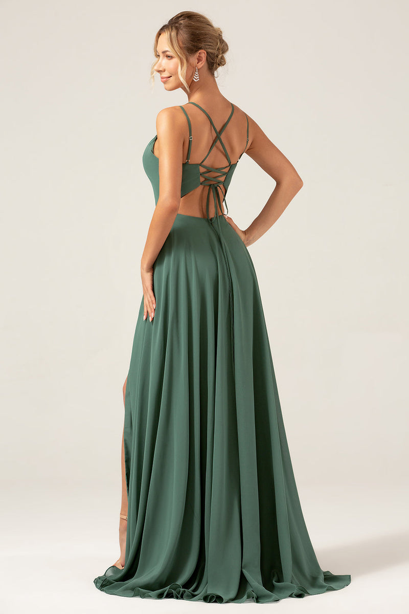 Load image into Gallery viewer, A-Line Spaghetti stropper Backless plissert eukalyptus brudepike kjole