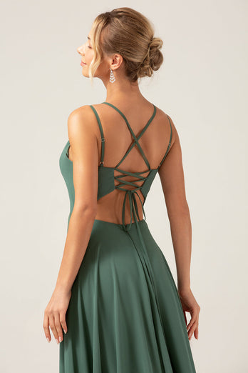 A-Line Spaghetti stropper Backless plissert eukalyptus brudepike kjole