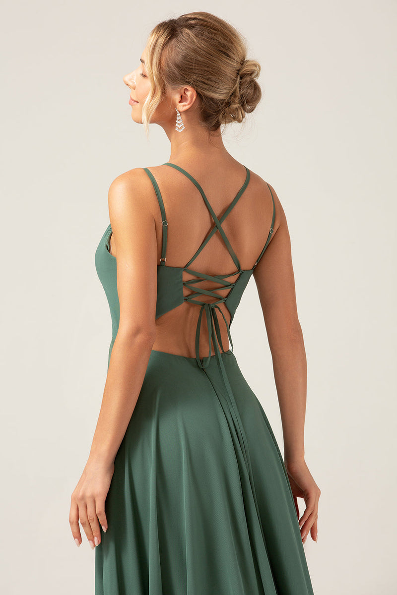 Load image into Gallery viewer, A-Line Spaghetti stropper Backless plissert eukalyptus brudepike kjole
