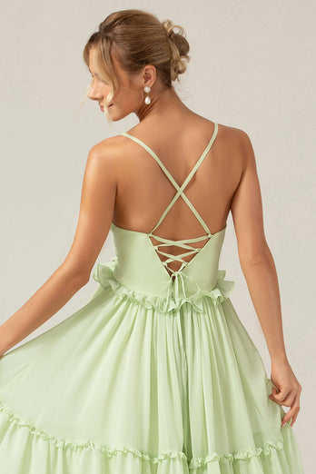 Grønn A Line Ruffles Long Maternity brudepike kjole med snøre-up tilbake