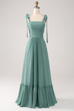 En linje Chiffon Green Long brudepike kjole med plissert