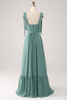 En linje Chiffon Green Long brudepike kjole med plissert