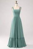 En linje Chiffon Green Long brudepike kjole med plissert