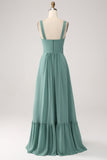 En linje Chiffon Green Long brudepike kjole med plissert