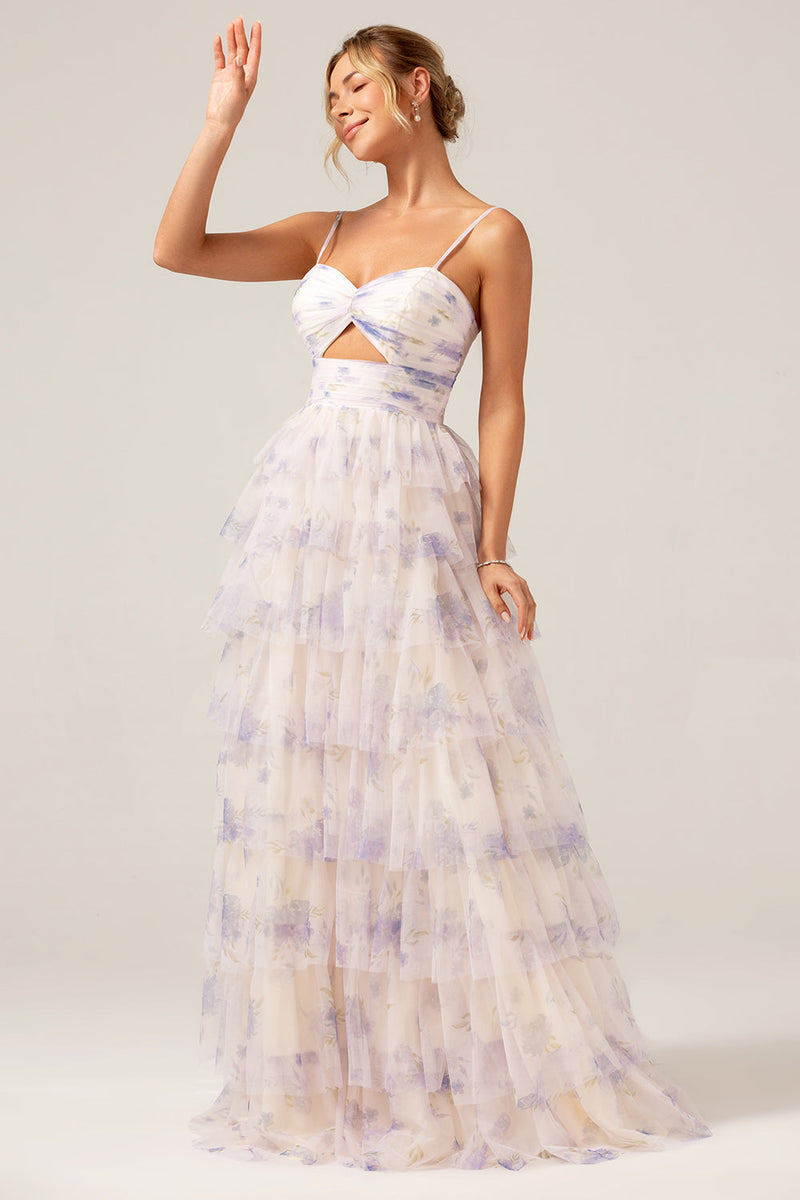 Load image into Gallery viewer, Lavendel Flower Princess Spaghetti stropper lagdelt Prom kjole med plissert