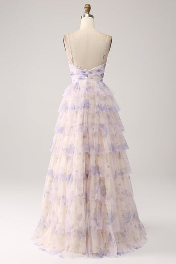 Lavendel Flower Tiered Princess Prom kjole med plissert