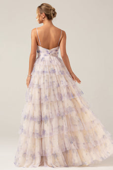 Lavendel Flower Princess Spaghetti stropper lagdelt Prom kjole med plissert