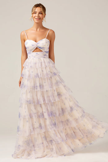 Lavendel Flower Princess Spaghetti stropper lagdelt Prom kjole med plissert