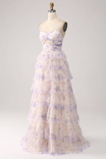 Lavendel Flower Tiered Princess Prom kjole med plissert