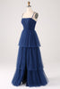 Load image into Gallery viewer, A Line Spaghetti stropper lagdelt tyll plissert Prom kjole med Slit