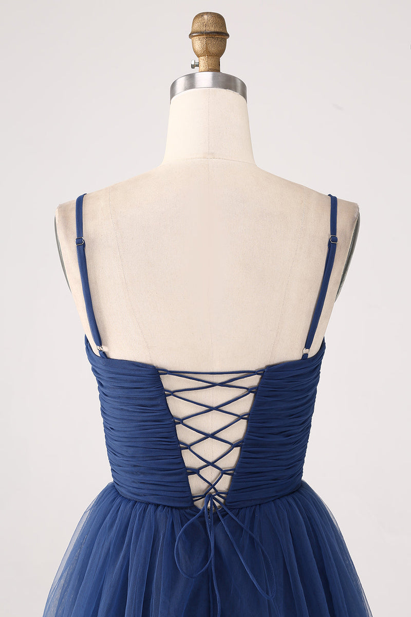 Load image into Gallery viewer, A Line Spaghetti stropper lagdelt tyll plissert Prom kjole med Slit