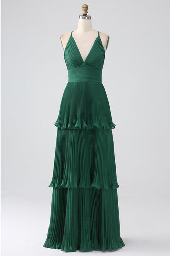 A-Line Dark Green Tiered Chiffon brudepike kjole med plissert