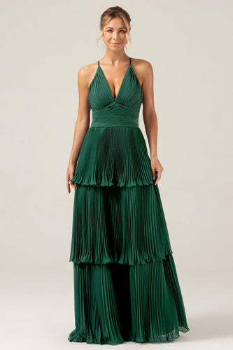 A-Line Tiered Chiffon Dark Green Long brudepike kjole med plissert