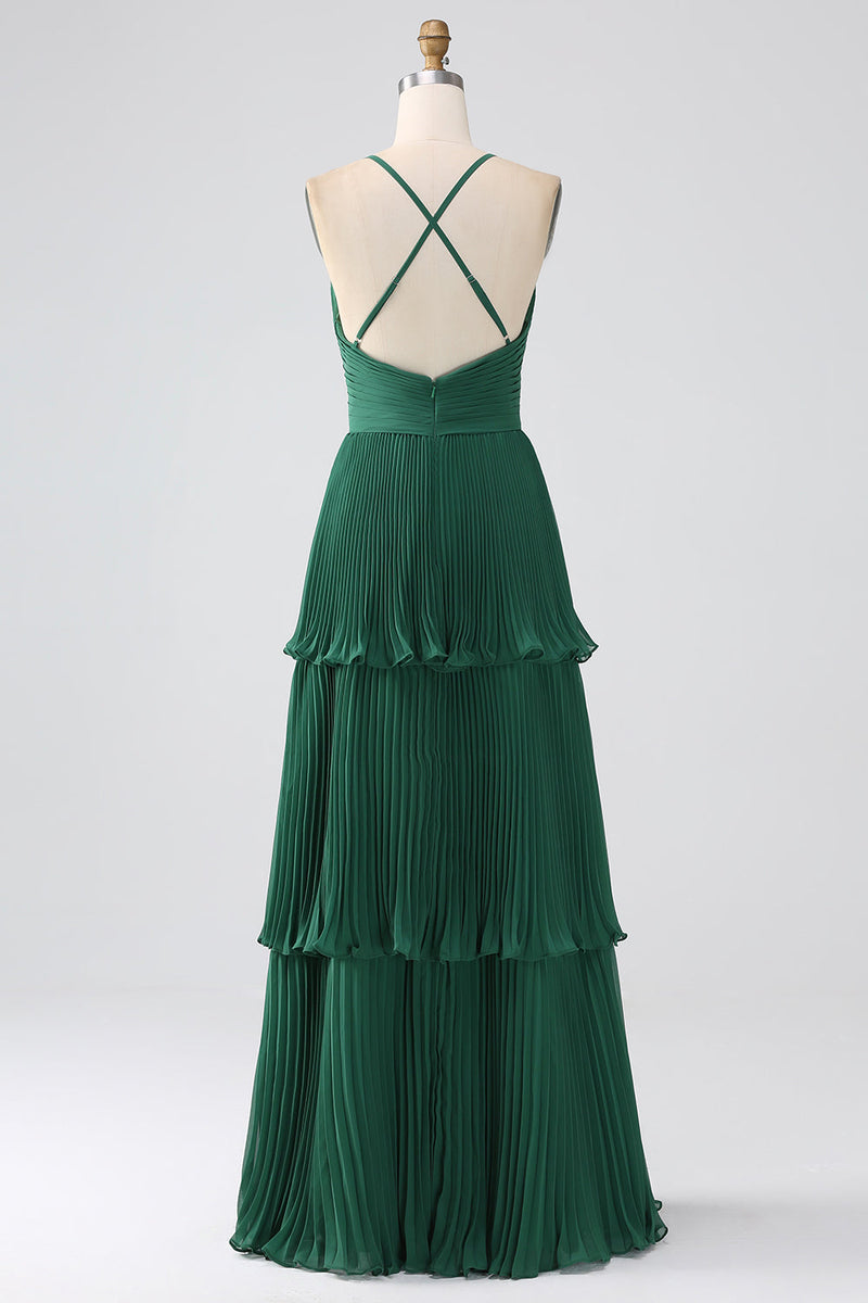 Load image into Gallery viewer, A-Line Dark Green Tiered Chiffon brudepike kjole med plissert