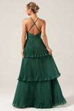 A-Line Tiered Chiffon Dark Green Long brudepike kjole med plissert