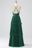 A-Line Dark Green Tiered Chiffon brudepike kjole med plissert