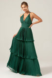 A-Line Tiered Chiffon Dark Green Long brudepike kjole med plissert