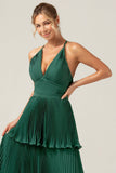 A-Line Tiered Chiffon Dark Green Long brudepike kjole med plissert