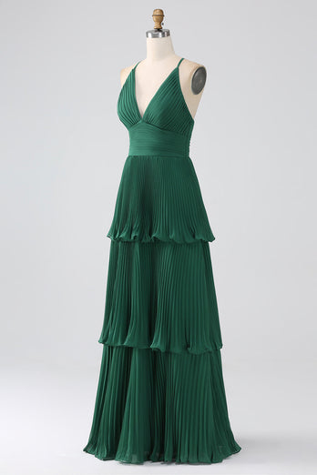 A-Line Dark Green Tiered Chiffon brudepike kjole med plissert