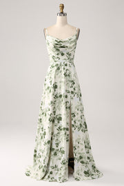 Cowl Neck Green Floral A Line Prom Dress med Slit