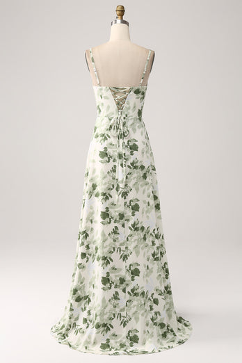 Cowl Neck Green Floral A Line Prom Dress med Slit