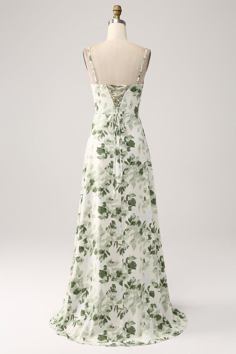Load image into Gallery viewer, Cowl Neck Green Floral A Line Prom Dress med Slit