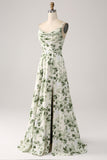 Cowl Neck Green Floral A Line Prom Dress med Slit