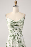 Cowl Neck Green Floral A Line Prom Dress med Slit