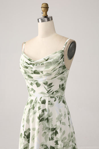 Cowl Neck Green Floral A Line Prom Dress med Slit