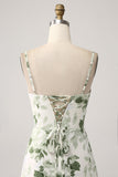 Cowl Neck Green Floral A Line Prom Dress med Slit