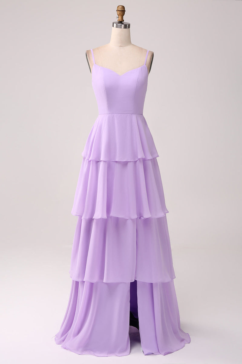 Load image into Gallery viewer, A Line Spaghetti stropper lagdelt Chiffon Lilac brudepike kjole med Slit