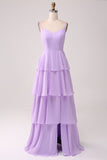 A Line Spaghetti stropper lagdelt Chiffon Lilac brudepike kjole med Slit