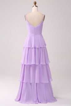 A Line Spaghetti stropper lagdelt Chiffon Lilac brudepike kjole med Slit
