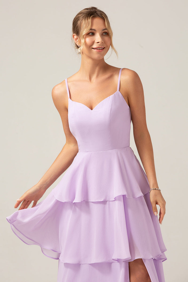 Load image into Gallery viewer, Lilac A Line Spaghetti stropper lagdelt Chiffon brudepike kjole med spalt