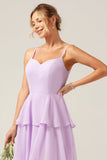 Lilac A Line Spaghetti stropper lagdelt Chiffon brudepike kjole med spalt