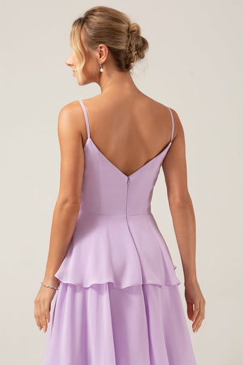 Lilac A Line Spaghetti stropper lagdelt Chiffon brudepike kjole med spalt