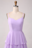 A Line Spaghetti stropper lagdelt Chiffon Lilac brudepike kjole med Slit