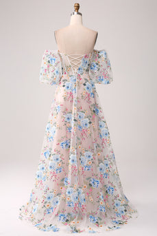 A-linje aprikos blomst av skulderen lang korsett prom kjole