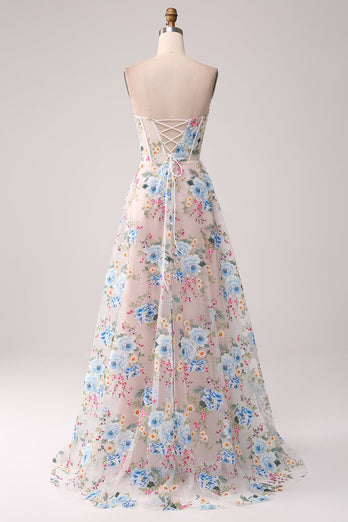 A-linje aprikos blomst av skulderen lang korsett prom kjole