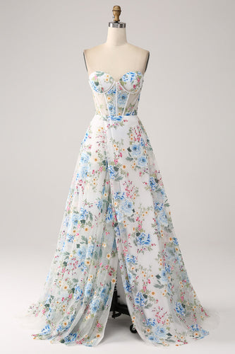 Ivory Flower A-Line stroppeløs lang korsett prom kjole