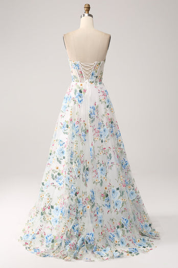 Ivory Flower A-Line stroppeløs lang korsett prom kjole
