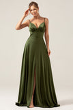 A-Line Spaghetti stropper Olive Satin Long brudepike kjole med Slit