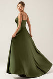 A-Line Spaghetti stropper Olive Satin Long brudepike kjole med Slit